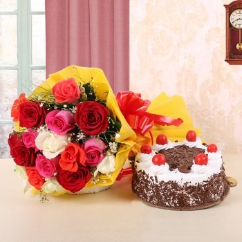 12 Assorted Roses and cake