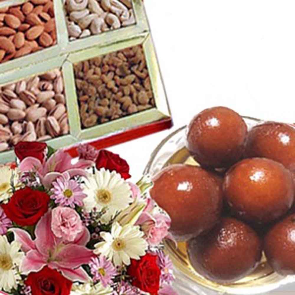 Flowers with Dry Fruits and Gulab Jamun