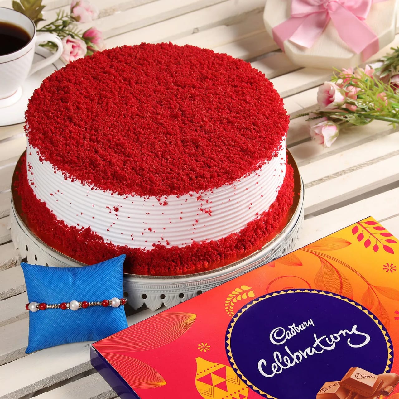 Red Velvet Cake With Rakhi and Celebration Box
