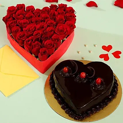Heart Of Red Roses & Truffle Cake