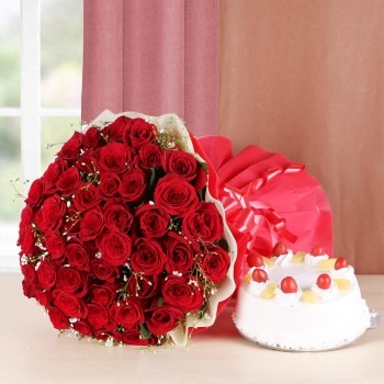 50 Red Roses - Pineapple Cake (Half Kg) - Red and White Paper