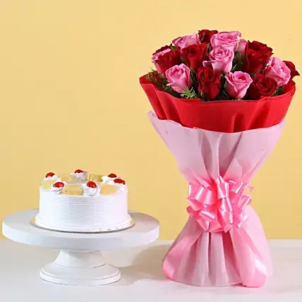 Pink with Red Roses and Pineapple Cake
