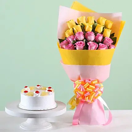 Lovely Roses Bouquet & Pineapple Cake Combo