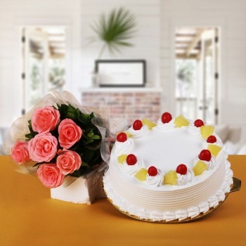 Pineapple Cake with 6 Pink Rose