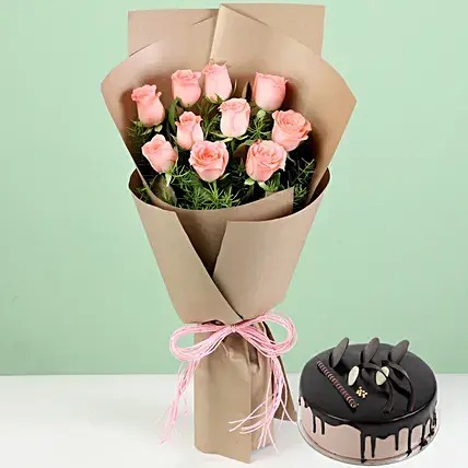 10 Pink Roses & Chocolate Cream Cake