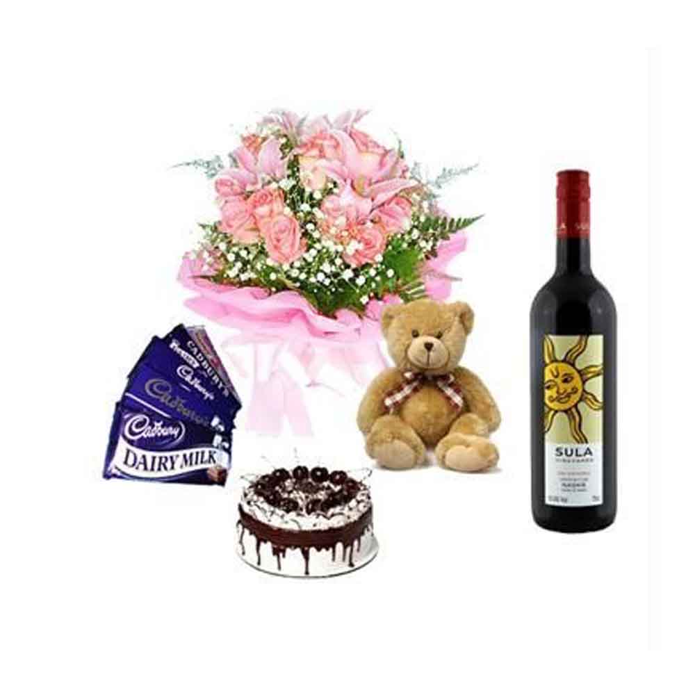 Wine with Cake n Pink Lilies Roses