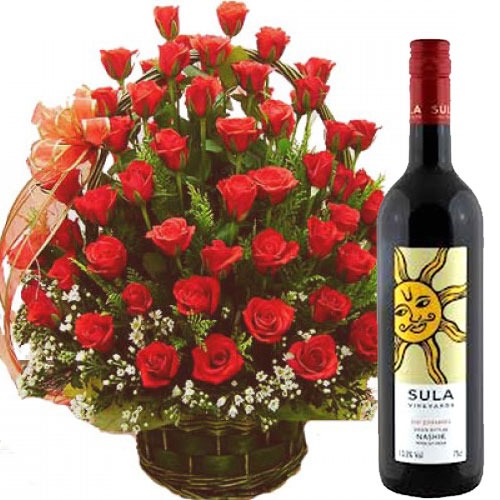 50 Red Rose Basket with Red Wine
