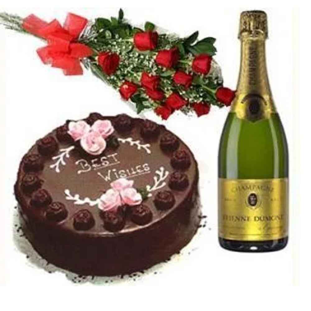 Red Roses with Cake n Champagne