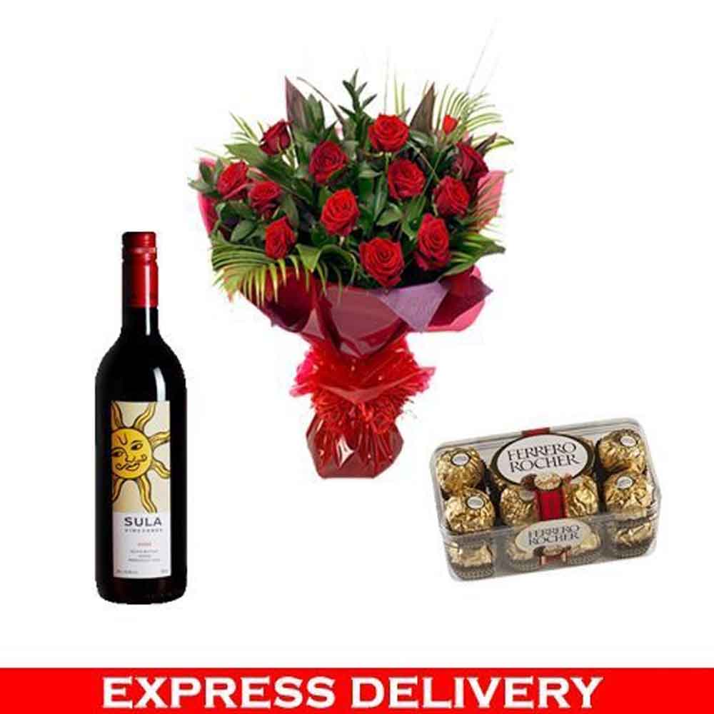 Red Roses with Wine and Chocolates