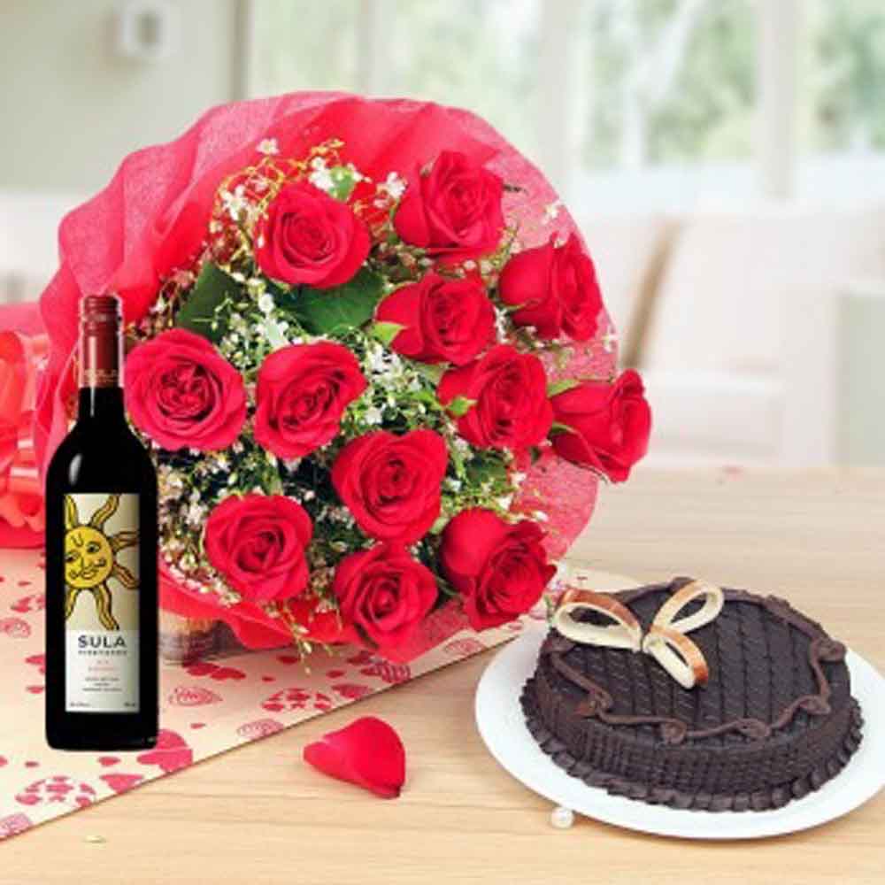 Red Roses with Wine and Cake