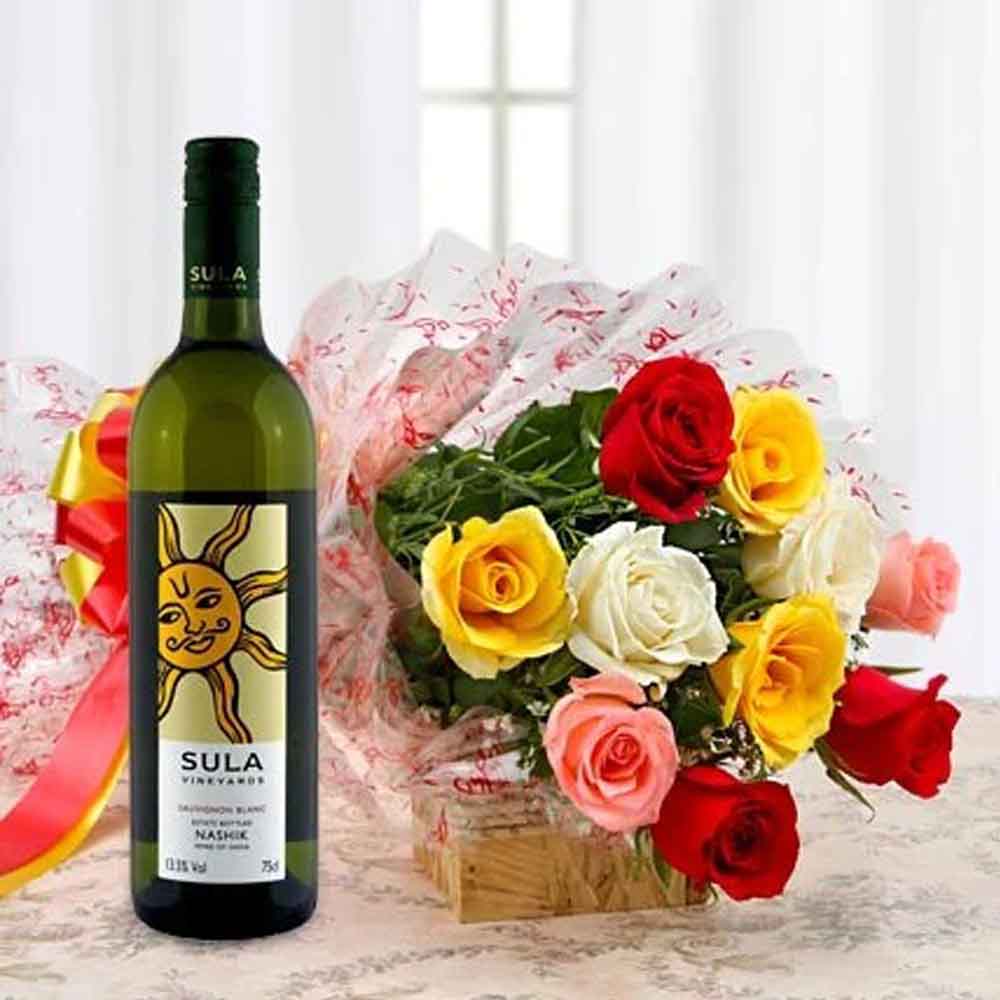 12 Mix Roses Bunch with Sula Red Wine