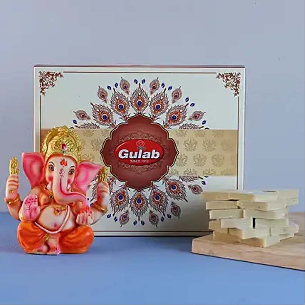 Ganesha With Mukut Idol and Kaju Katli