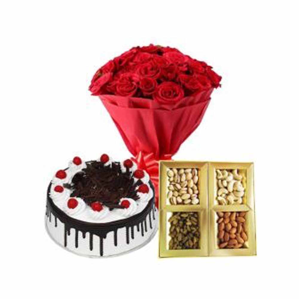 Red Roses Dry fruits and Black Forest cake