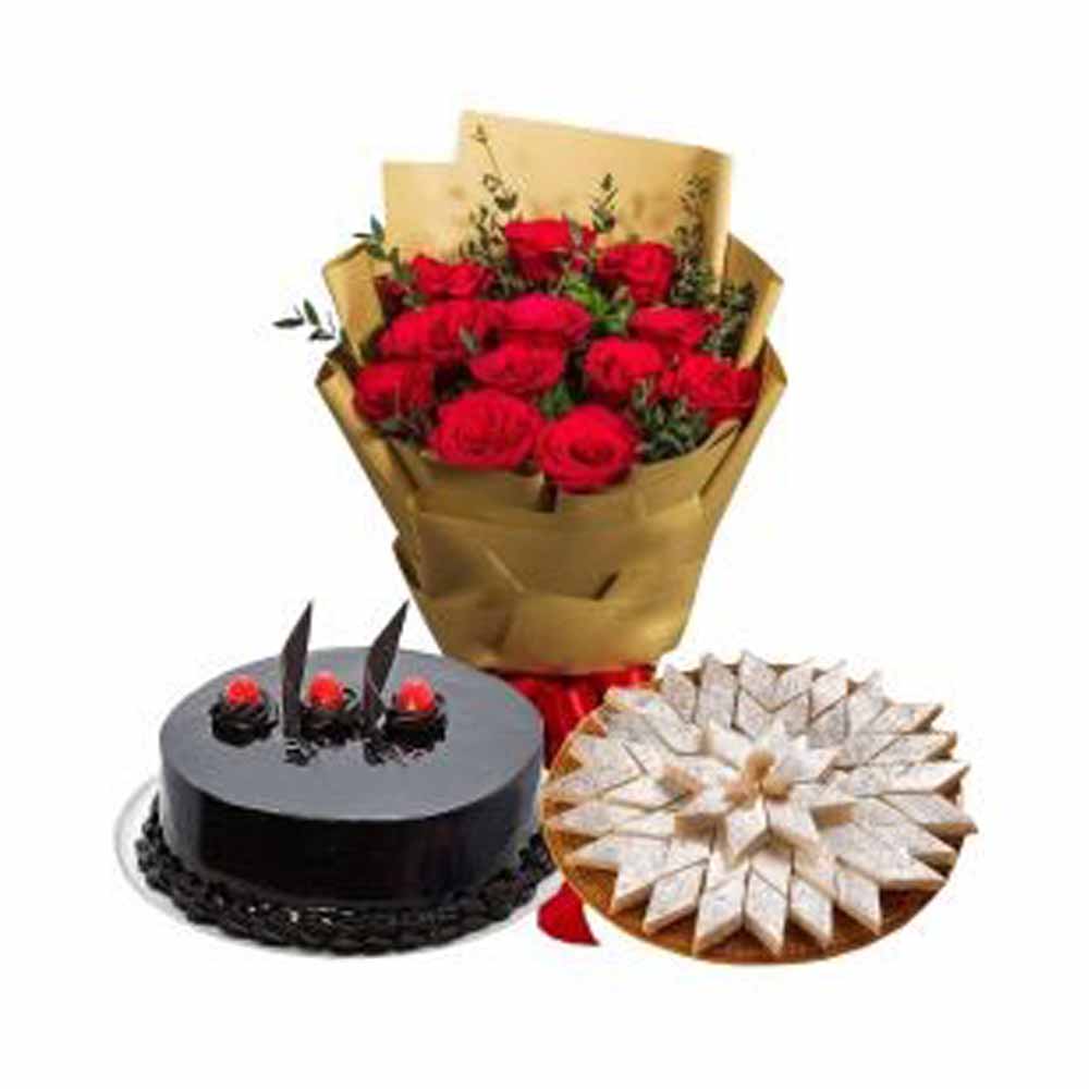 Red Roses and chocolate cake Kaju Katli