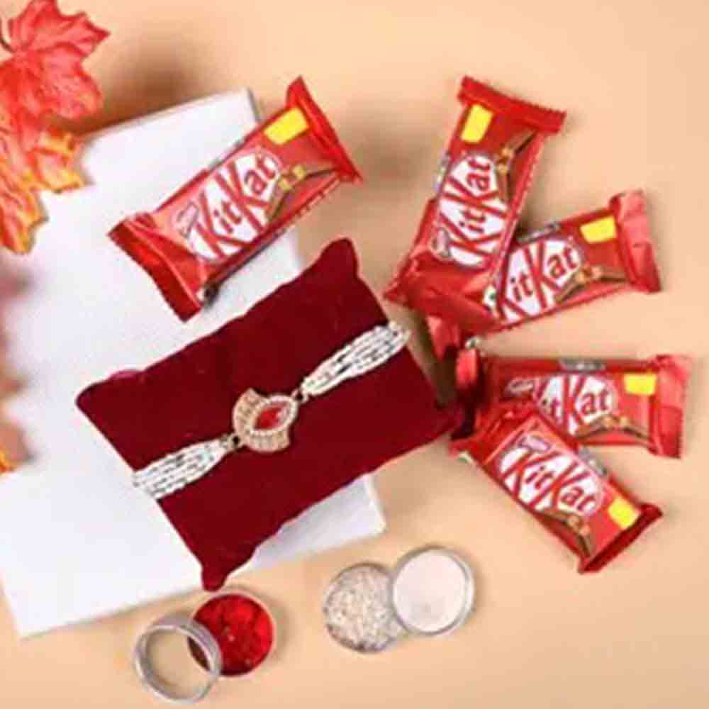 Red Stone Rakhi and Kitkat Chocolates