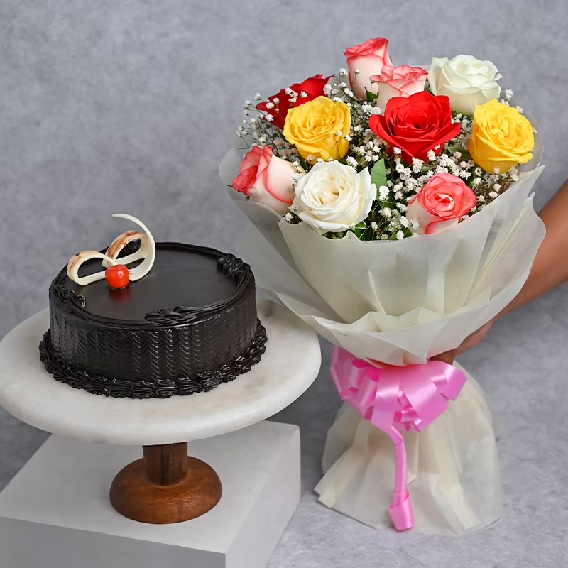 Truffle Cake with Mix Rose bunch