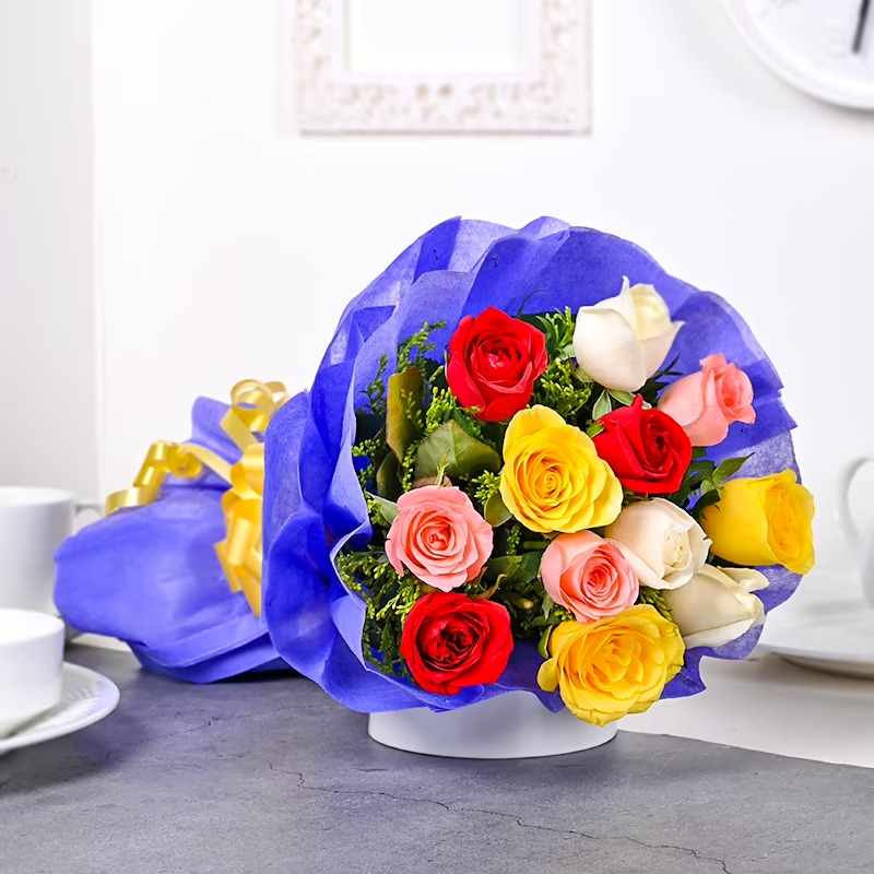Mix Roses Bunch with Blue Paper Packing