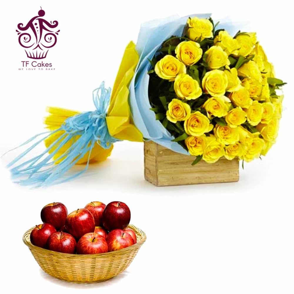 Yellow Roses With Apple Basket