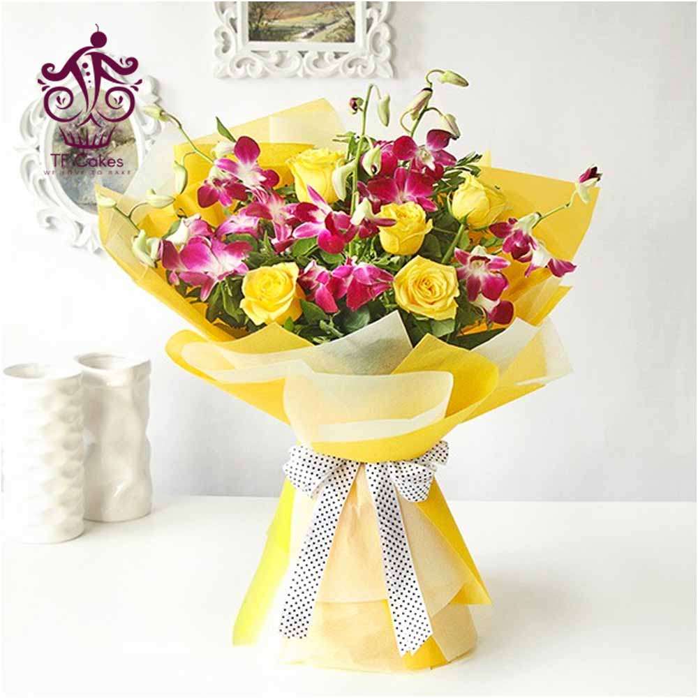 Yellow Rose With Orchids
