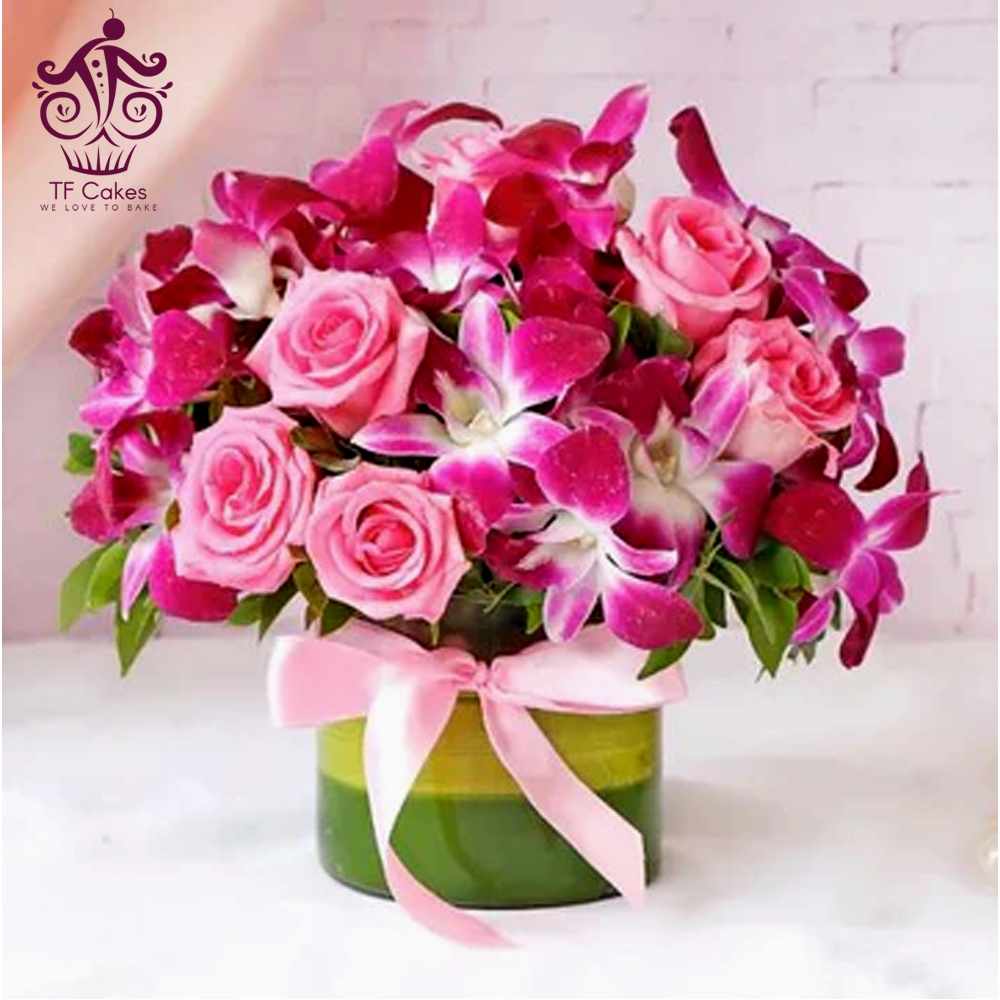 Pink Roses & Purple Orchids Flower Bouquet
