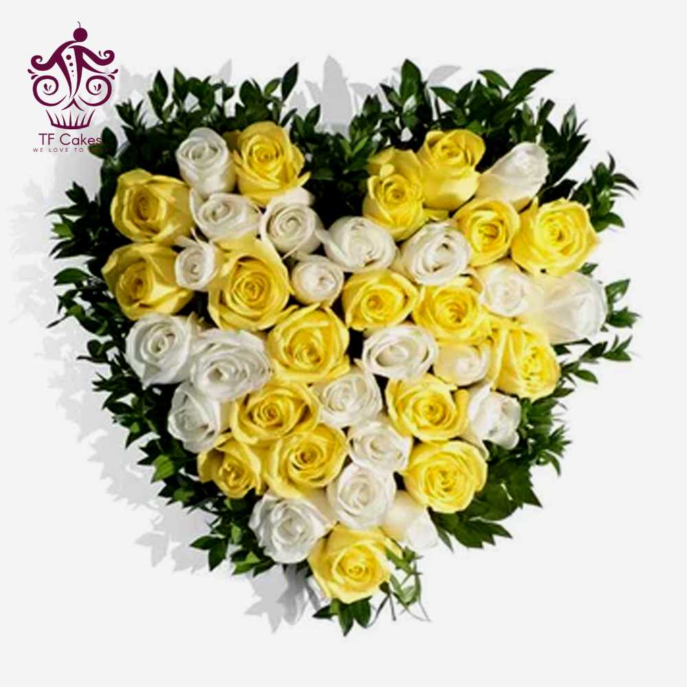 Yellow and White Roses Heart Shape Arrangement